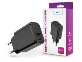 Setty hálózati töltő adapter Type-C + USB bemenettel - 20W - Setty USB/USB-C  Wall Charger PD3.0 - fekete