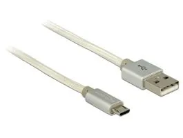 Delock adat- és töltőkábel USB-A 2.0 csatlakozó MicroUSB-B 2.0, textil árnyékolással, 2m, fehér (83917)