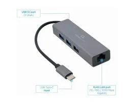 Gembird USB-C Gigabit network adapter with 3-port USB 3.1 hub Grey