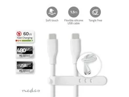 NEDIS USB kábel USB 2.0 USB-C Dugasz USB-C Dugasz 60 W 480 Mbps Nikkelezett 1.50 m Kerek Szilikon Fehér Doboz (CCGB60820