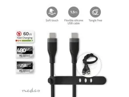 NEDIS USB kábel USB 2.0 USB-C Dugasz USB-C Dugasz 60 W 480 Mbps Nikkelezett 1.50 m Kerek Szilikon Fekete Doboz (CCGB6082