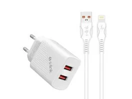 S-Link Hálózati töltő - SL-EC50L (2db USB, 5V/3A, 12W, Gyorstöltés, Lightning, 100cm adat+töltőkábel, fehér)