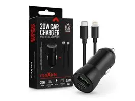 Maxlife szivargyújtós töltő adapter USB + Type-C bemenettel + Type-C - Lightningkábel - 20W - Maxlife MXCC-04-20WAC PD3.