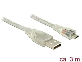 Delock USB 2.0-s kábel A-típusú csatlakozódugóval  USB 2.0 Micro-B csatlakozódugóval, 3 m, áttetsző (83902)