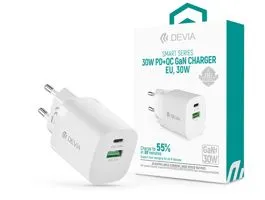 Devia GaN hálózati töltő adapter USB + Type-C bemenettel - 30W - Devia Smart  Series GaN PD + QC Quick Charger - fehér