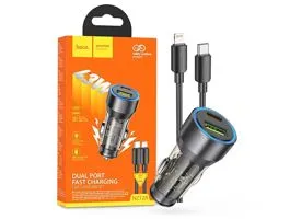 HOCO szivargyújtó töltő adapter USB-A + Type-C bemenettel + Type-C - Lightning kábel - 43W - HOCO NZ12A Dual Port Fast C