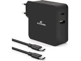 Bluestork Hálózati töltő - PW-NB-65-C (USB-C, USB-A, 65W, 1.8m kábel, Fekete)