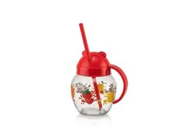 IRIS C-00373 Cute üvegbögre szívószállal 370ml, piros, zöld vagy sárga színű